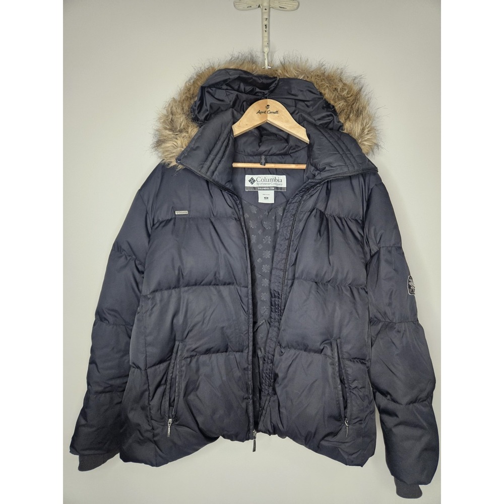 Columbia 1X Black Down Puffer Jacket Hooded Faux Fur Trim Zip Down Gorpcore Cozy - Picture 2 of 16